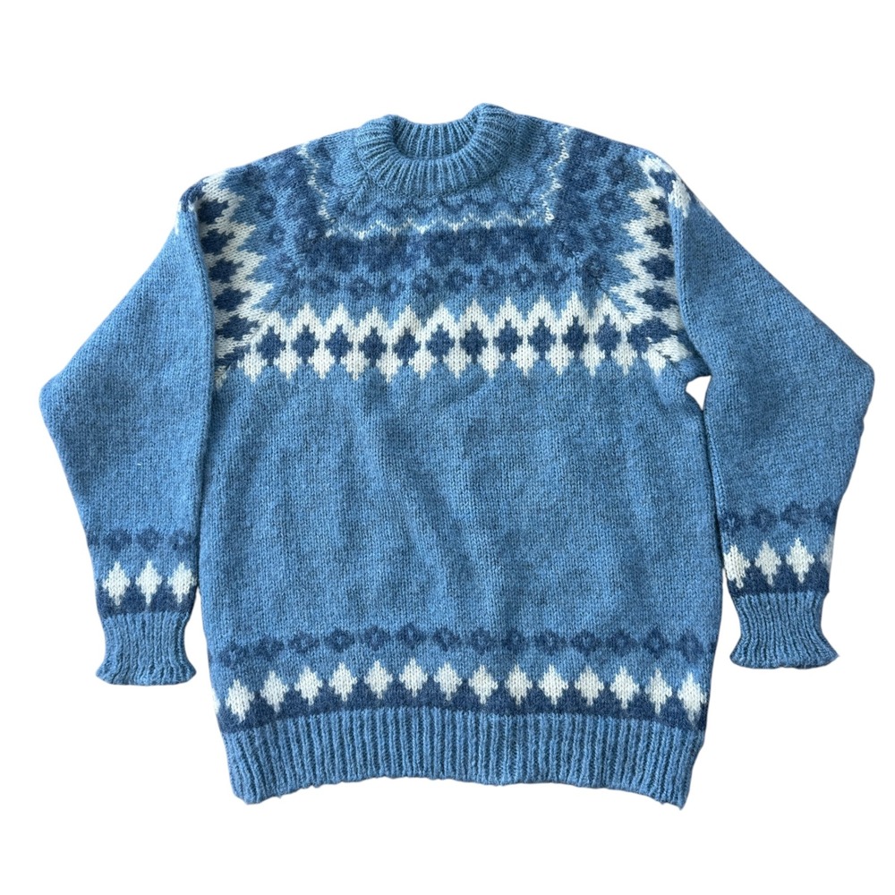 70s Norlender Fair Isle Wool Sweater Norway Chunky Knit Large Blue cream Graphic